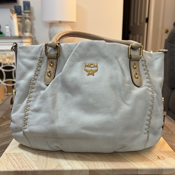 MCM Handbags - MCM Cream Leather Shoulder Bag With Whip Stiching